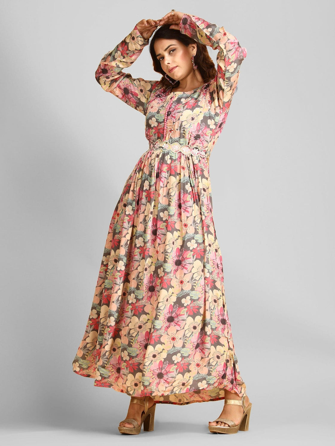 Floral printed Gown with Hand sequence work - Georgette Crepe Girls Dress