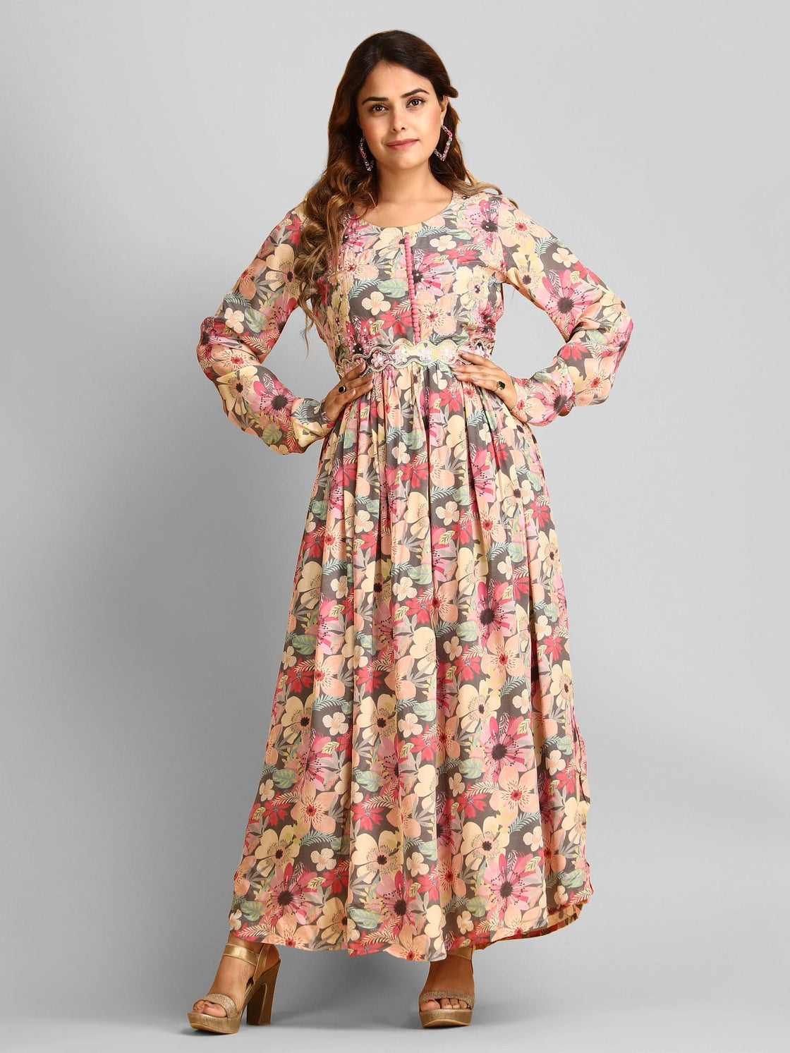 Floral printed Gown with Hand sequence work - Georgette Crepe Girls Dress