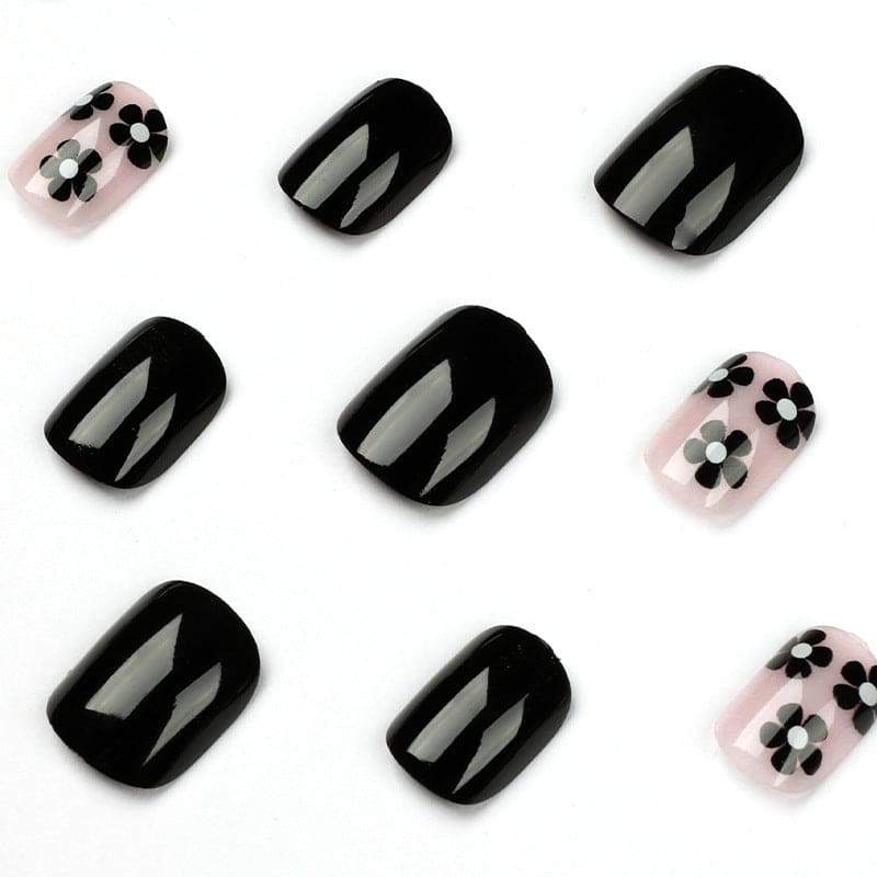 SMOOKY Reusable - 24 Pcs press on nails kit -Black Flower