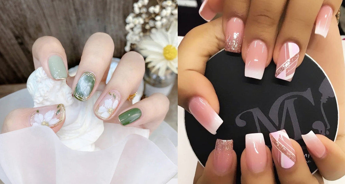 2 Box (2 Designs)-48 Pcs- SMOOKY Reusable Artificial Nails for Girls-Green marble & Pink Layer