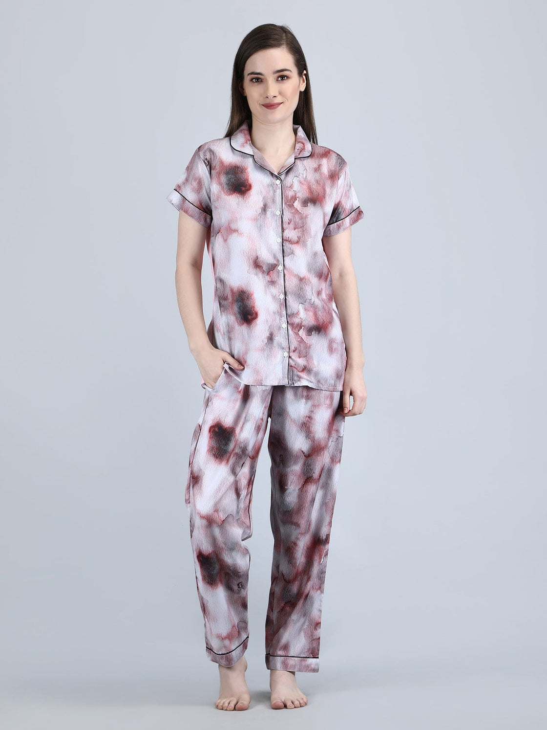 Women's Lounge Wear Night Suit Swiss cotton-Attractive Digital Print -Wine