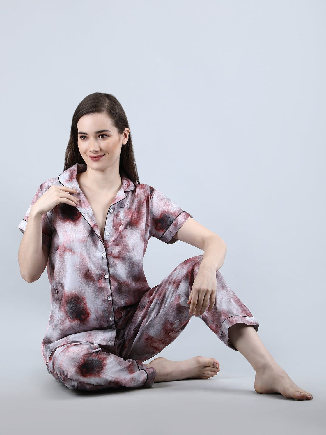 Women's Lounge Wear Night Suit Swiss cotton-Attractive Digital Print -Wine